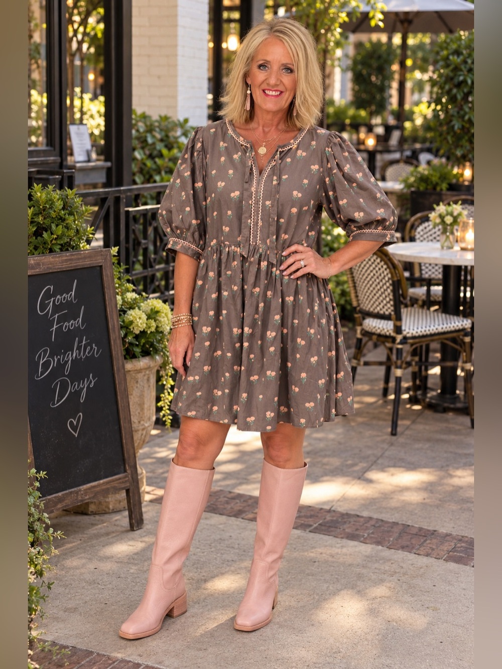 Gigio Floral Brown Babydoll Mini Dress with Puff Sleeves Medium NWT